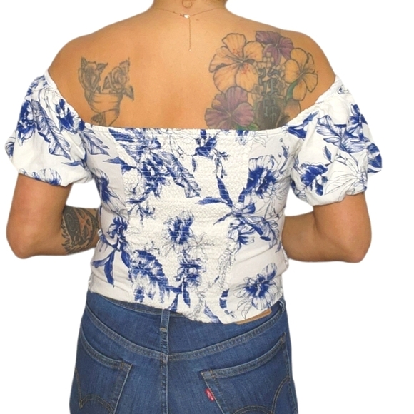 Blāshe Off The Shoulder Boho Blouse White Blue X Large Linen Mix - Picture 4 of 7